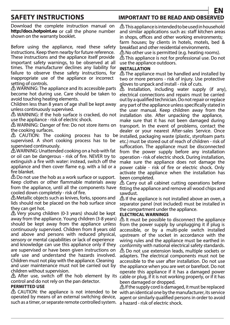 Page 1 of the manual Instructions / Assembly Hotpoint TQ 1460S NE