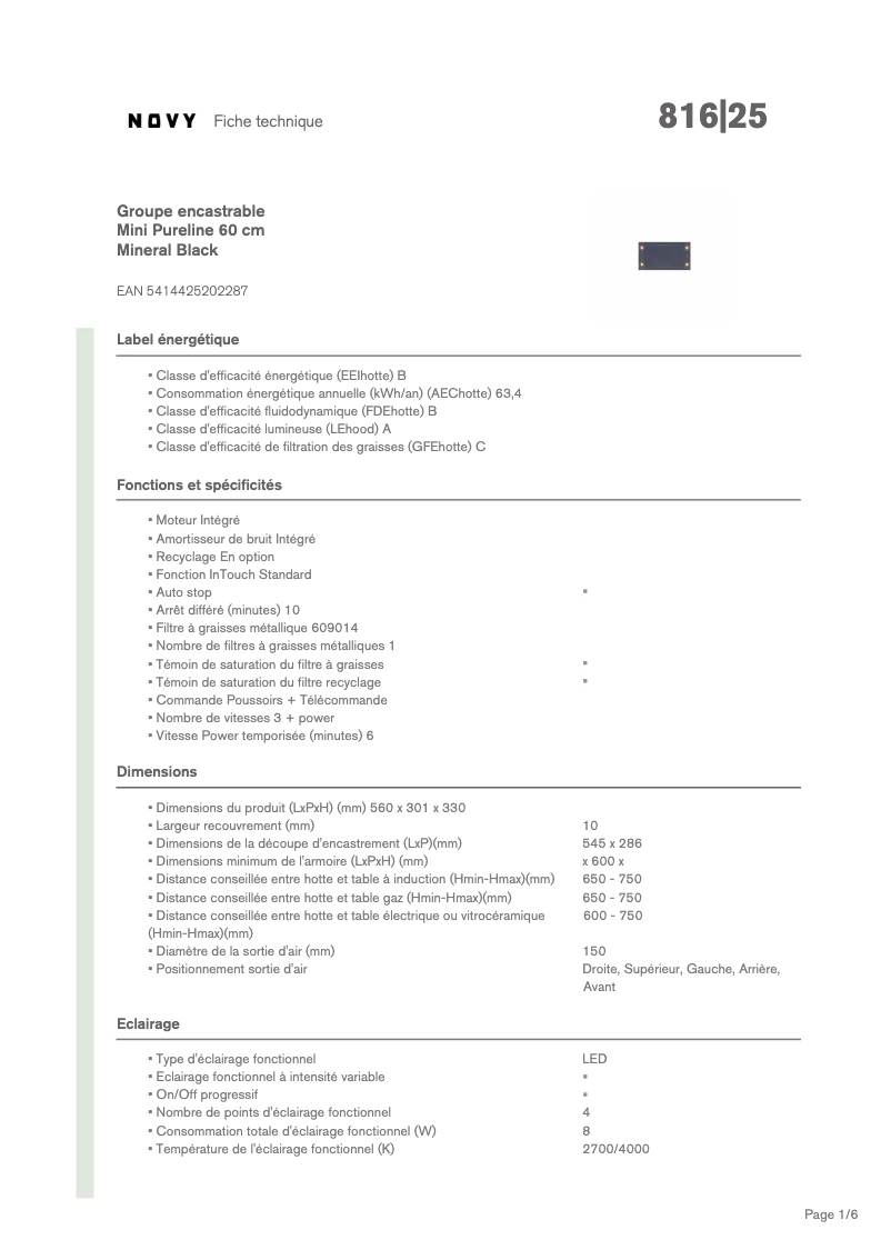 Page n°1 - Fiche technique Novy Pure'line Mini 816