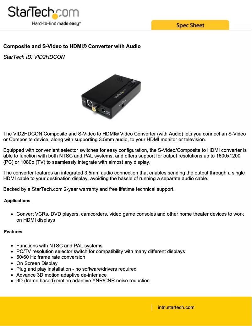 Page 1 de la notice Brochure StarTech.com VID2HDCON