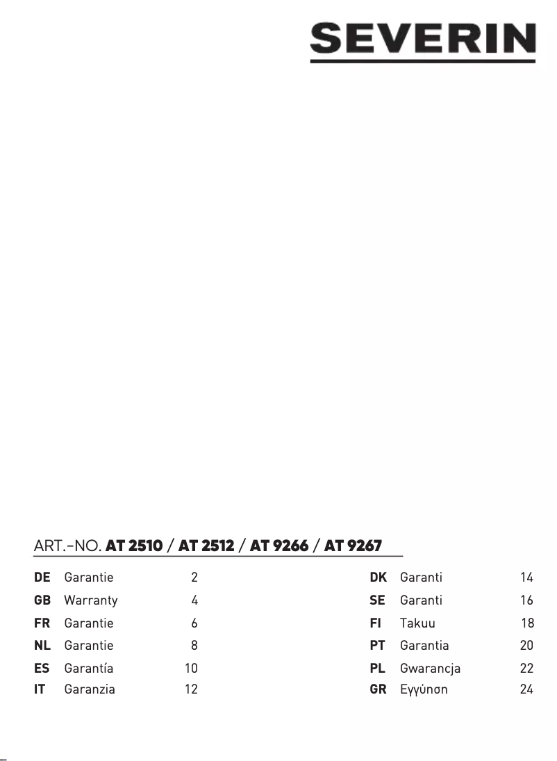 Page 1 de la notice Informations de garantie Severin AT 2510
