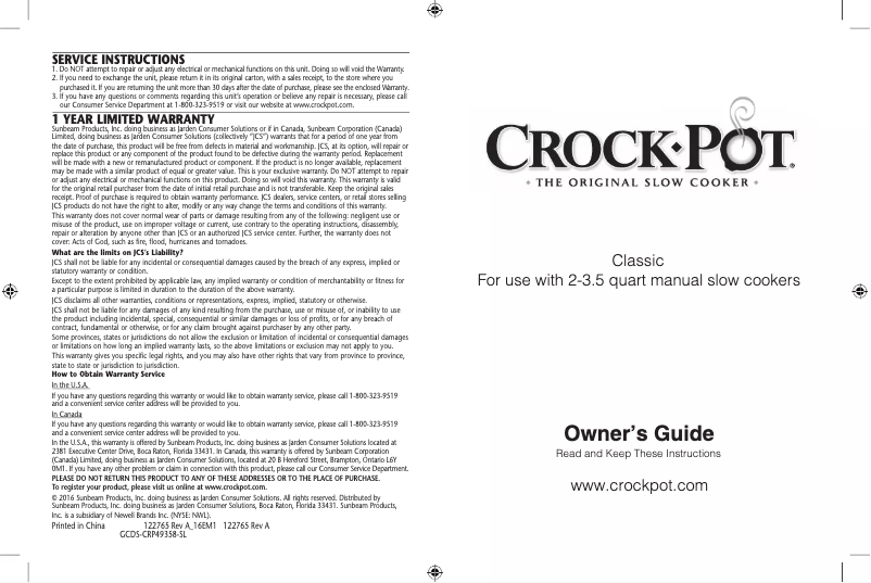 Page 1 de la notice Manuel utilisateur Crock-Pot Classic