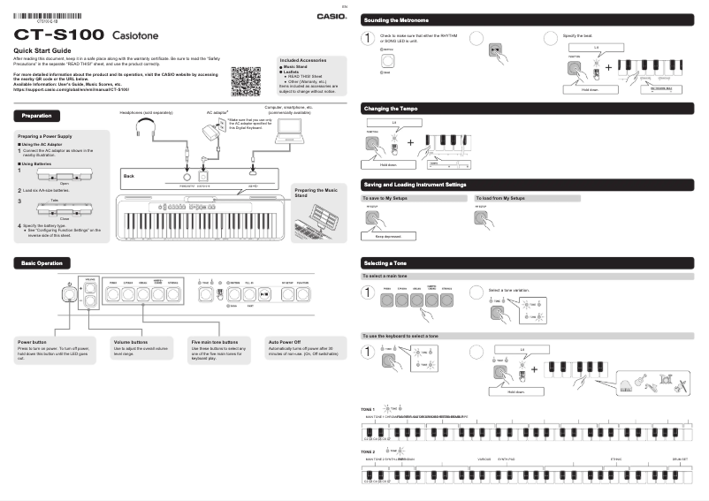 Page 1 de la notice Guide de démarrage rapide Casio Casiotone CT-S100