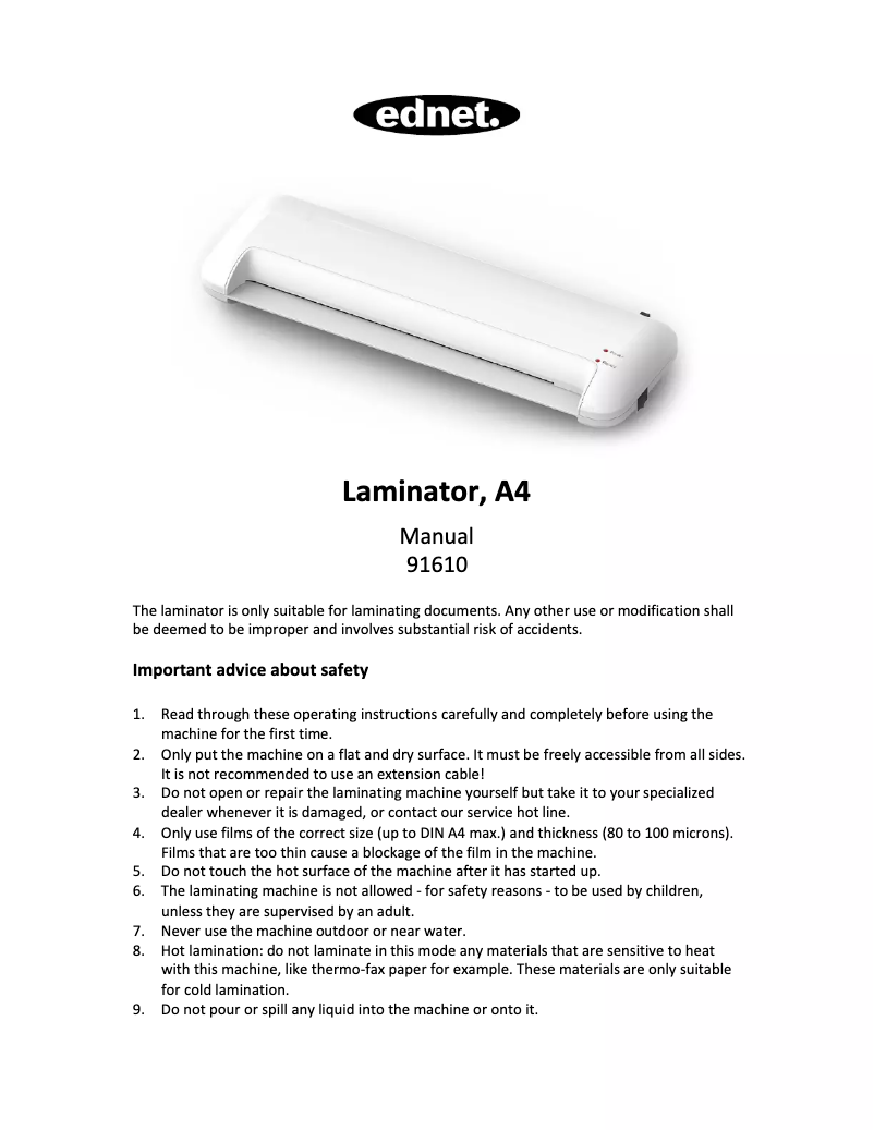 Page 1 de la notice Manuel utilisateur Ednet Laminator A4