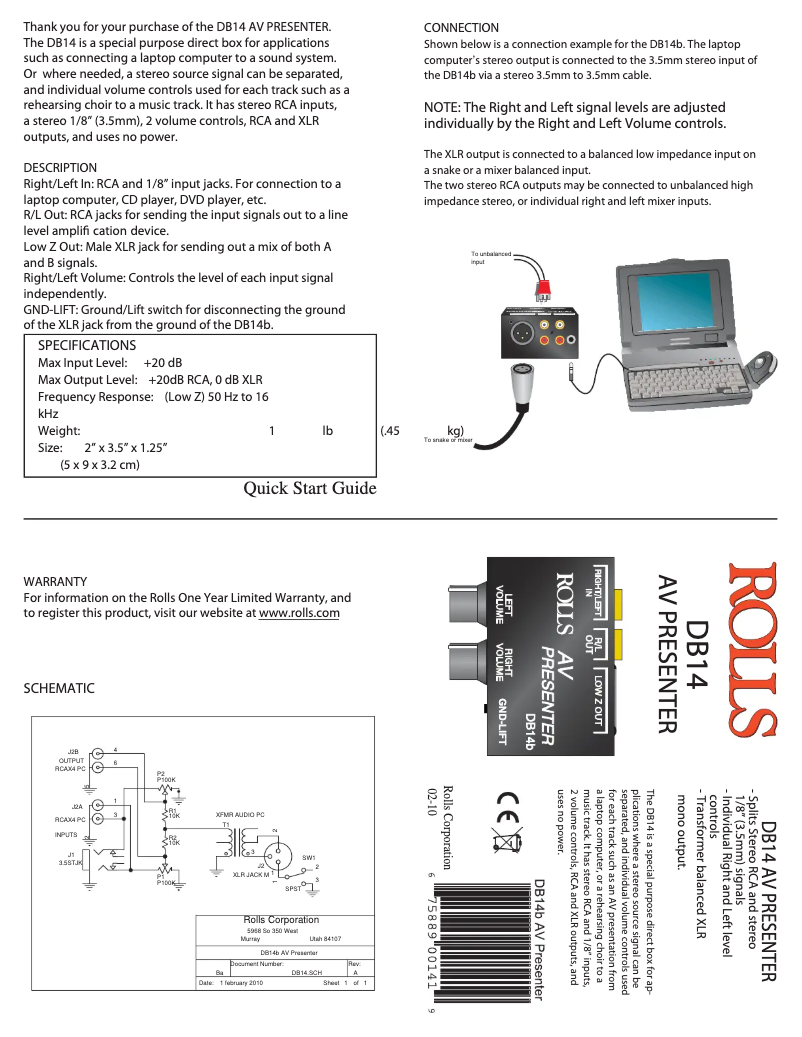 Page 1 de la notice Guide de démarrage rapide Rolls DB14b