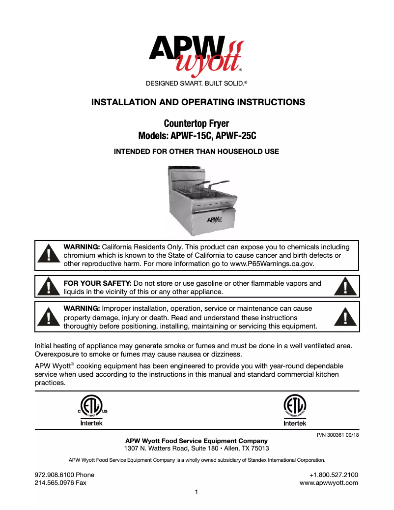 Page 1 de la notice Manuel utilisateur APW Wyott APW-F15C