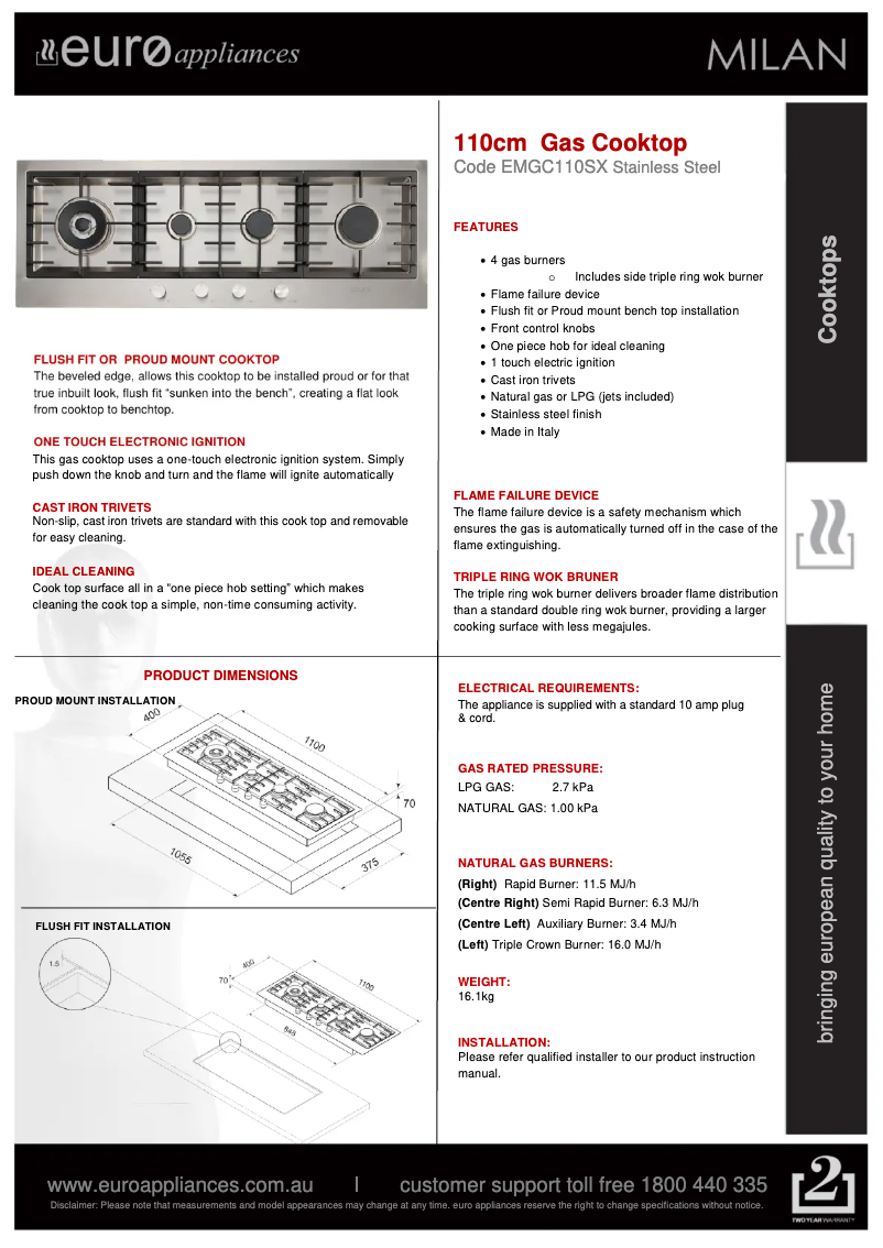 Page n°1 - Fiche technique Euro Appliances EMGC110SX