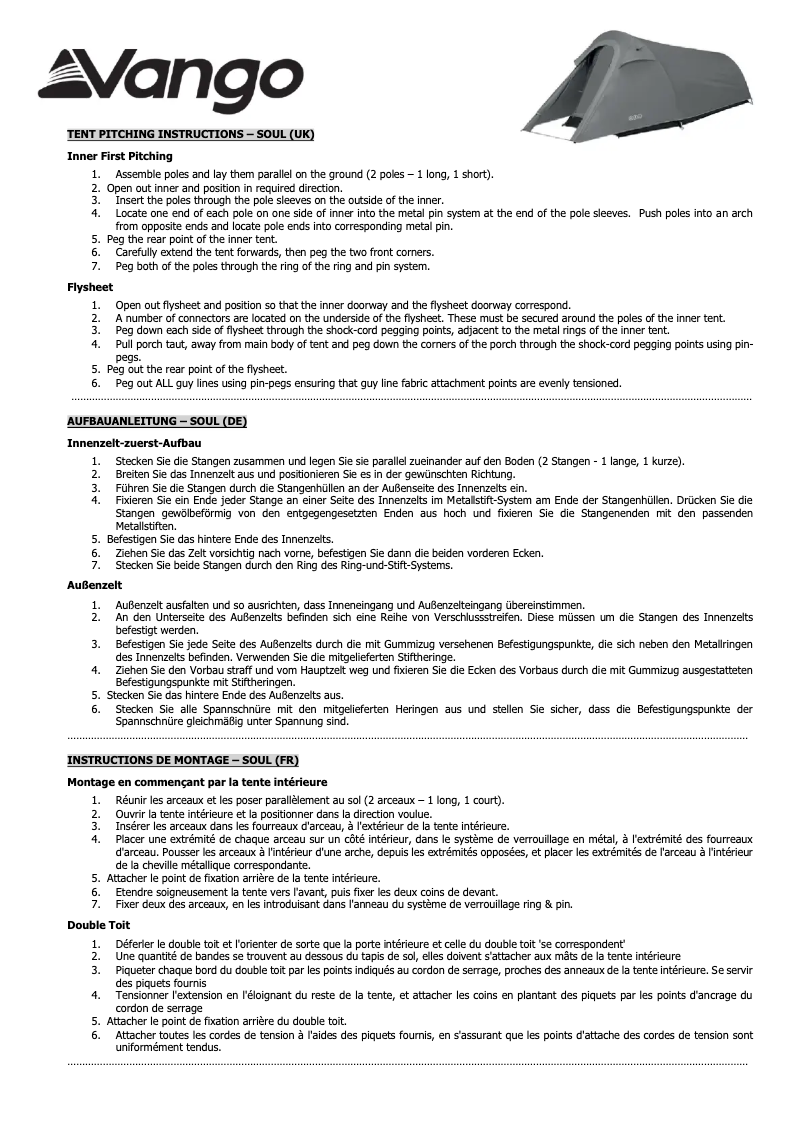 Page 1 de la notice Manuel utilisateur Vango Soul 200