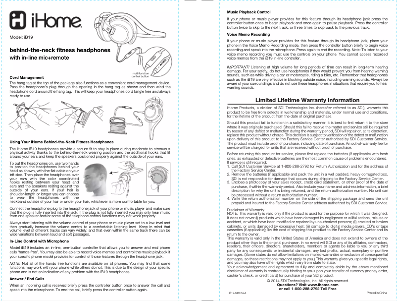 Imagen de la primera página del manual del dispositivo iB19