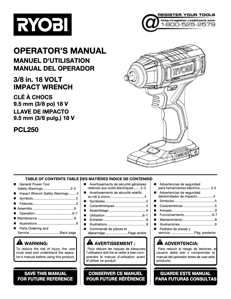 Page 1 de la notice Manuel utilisateur RYOBI PCL250
