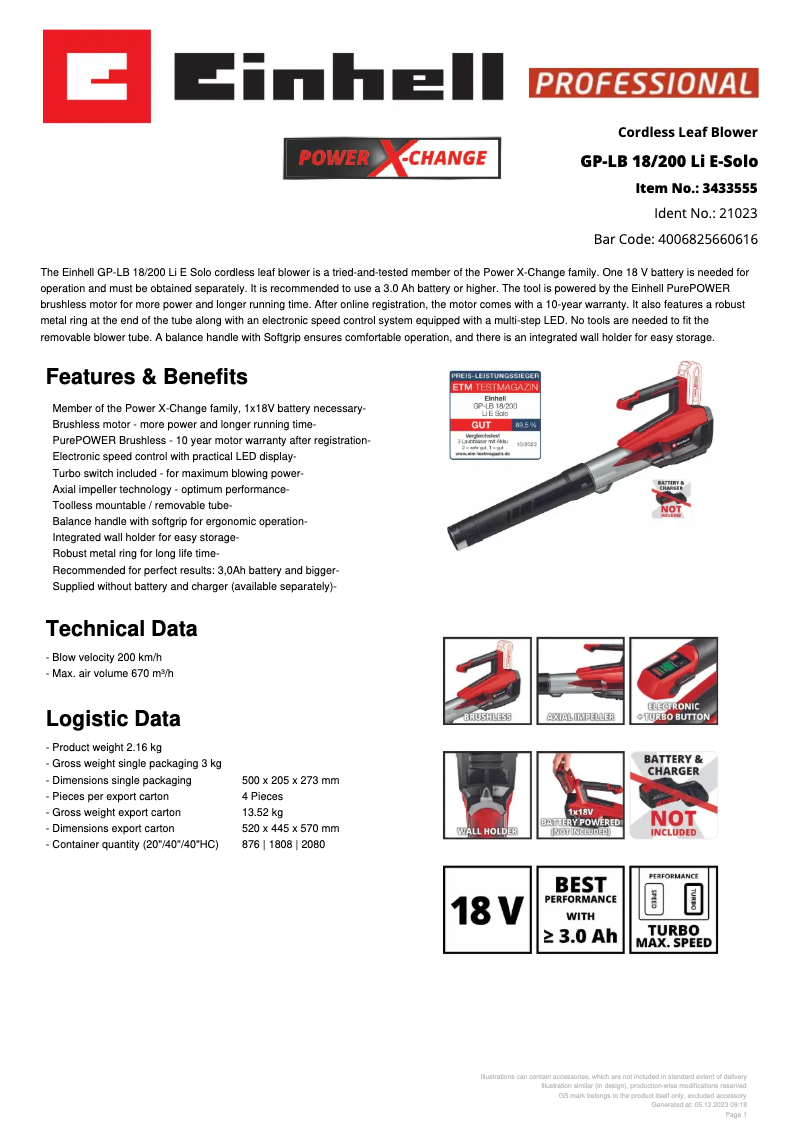 Page 1 de la notice Fiche technique Einhell GP-LB 18/200 Li E-Solo