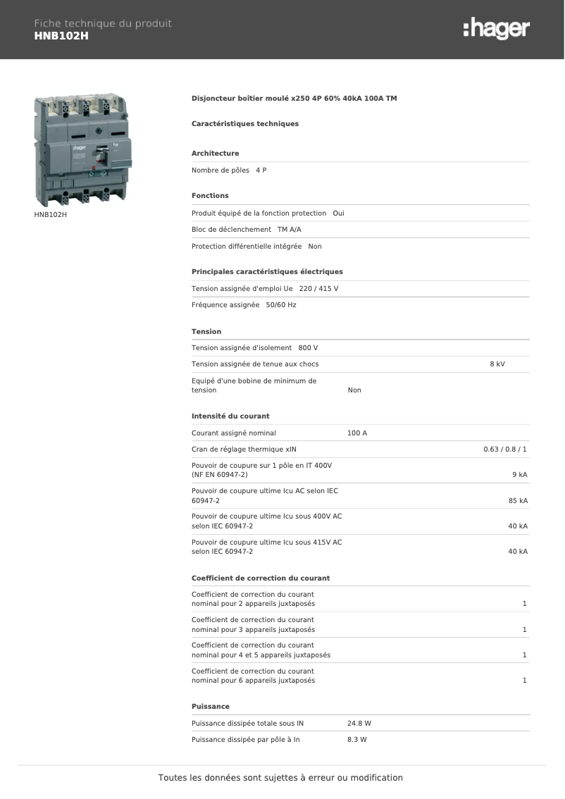 Page 1 de la notice Fiche technique Hager HNB102H