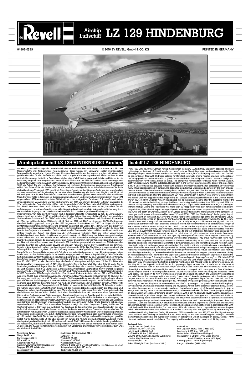 Image de la première page du manuel de l'appareil LZ 129 HINDENBURG