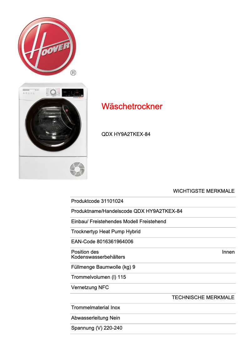 Page n°1 - Fiche technique Hoover QDX HY9A2TKEX-84