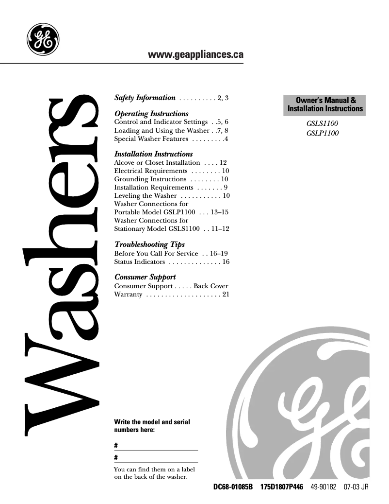 Page 1 de la notice Manuel utilisateur GE GSLS1100DWW