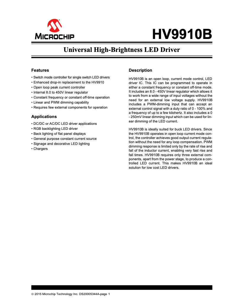 Page 1 de la notice Fiche technique Microchip HV9910B