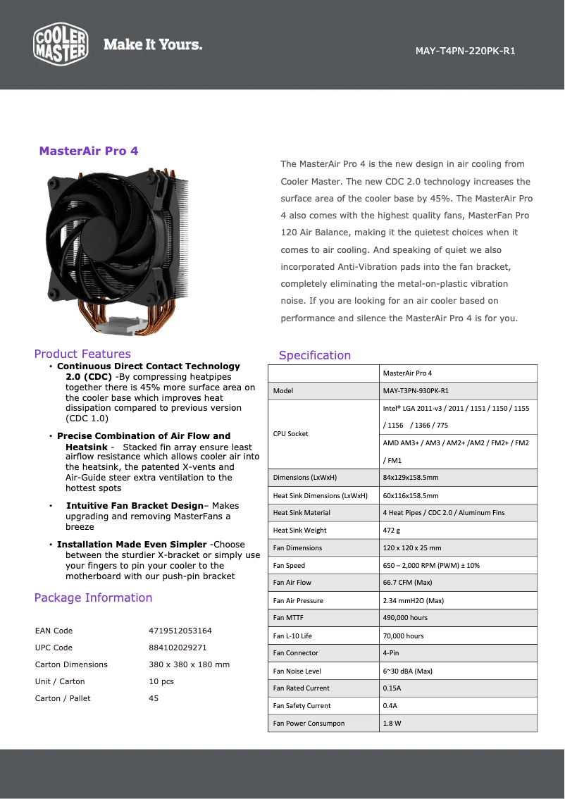 Page 1 de la notice Fiche technique Cooler Master MasterAir Pro 4