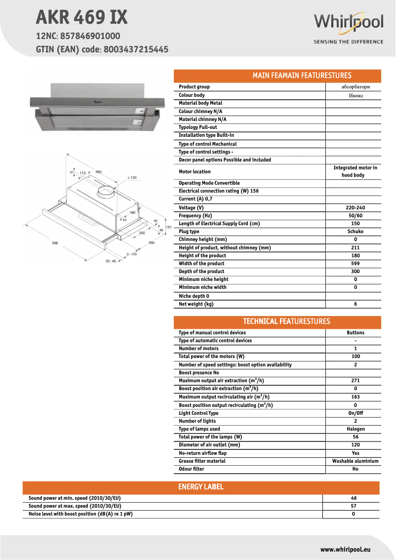 Page 1 de la notice Fiche technique Whirlpool AKR 469 IX