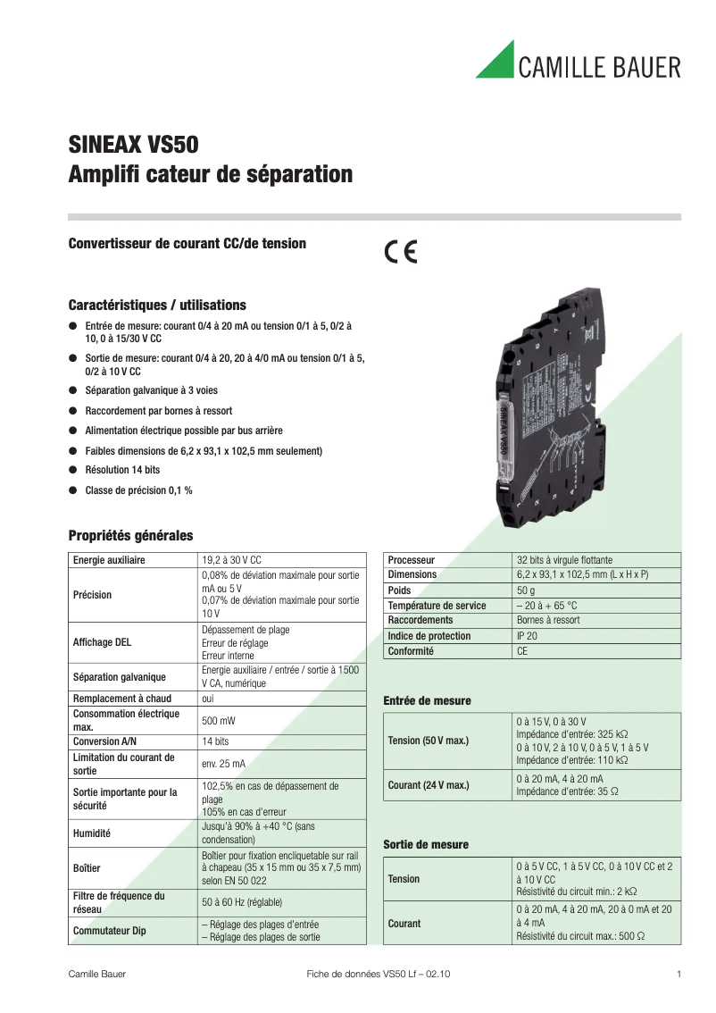 Page 1 de la notice Fiche technique Camille Bauer Sineax VS50