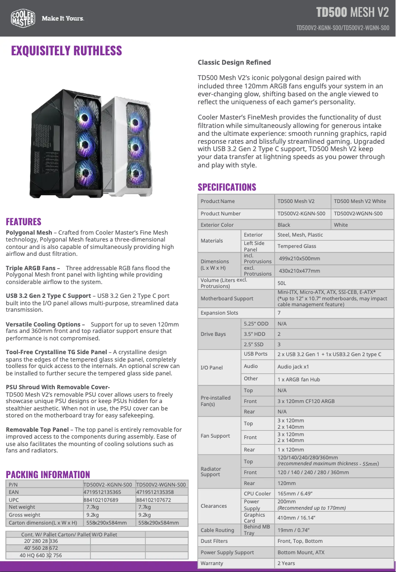 Page 1 de la notice Fiche technique Cooler Master MasterBox TD500 Mesh V2