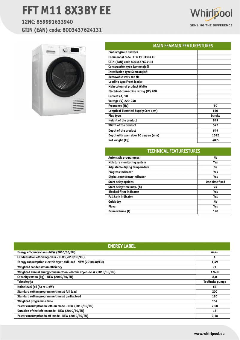 Página 1 del manual Ficha técnica Whirlpool FFT M11 8X3BY EE