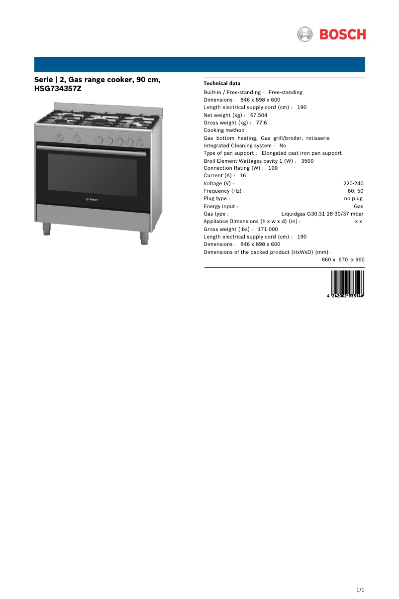 Page 1 de la notice Fiche technique Bosch HSG734357Z