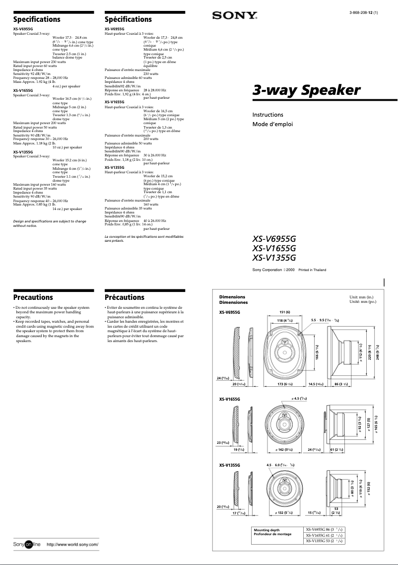 Page 1 de la notice Manuel utilisateur Sony XS-V1355G
