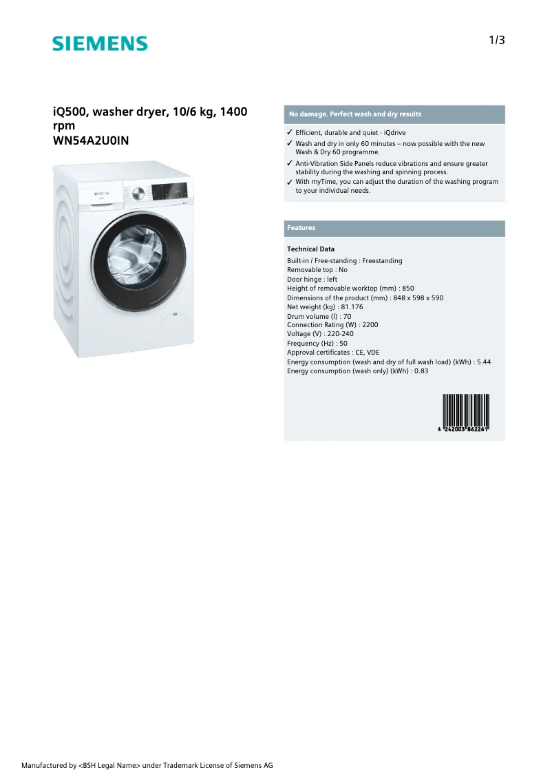Page 1 de la notice Fiche technique Siemens WN54A2U0IN