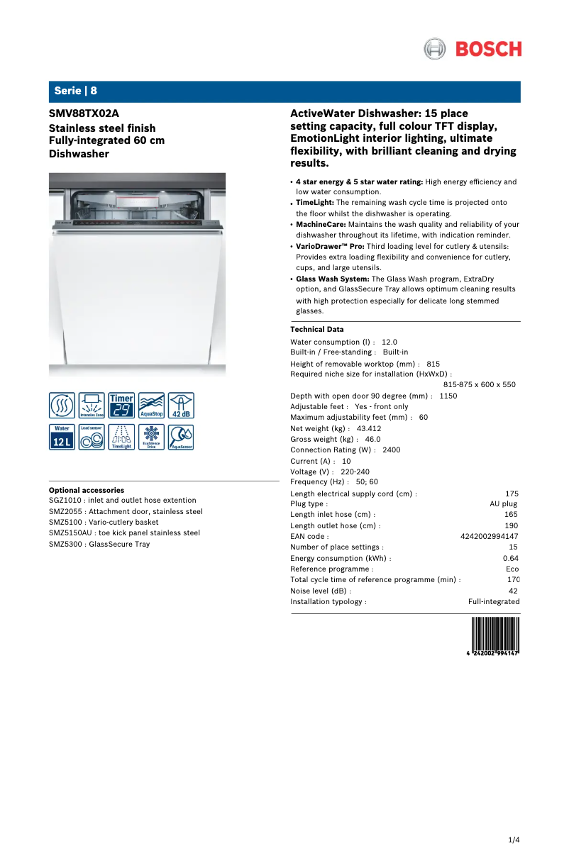 Page n°1 - Fiche technique Bosch SMV88TX02A