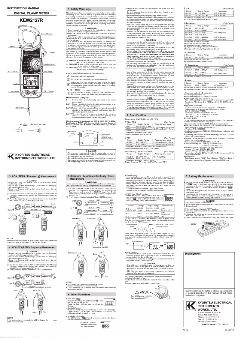 Page 1 de la notice Manuel utilisateur Kyoritsu KEW2127R