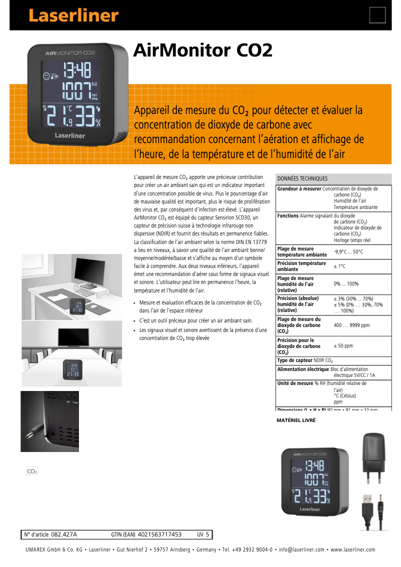 Page 1 de la notice Fiche technique Laserliner AirMonitor CO2