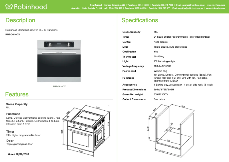 Page n°1 - Fiche technique Robinhood RHBO610DX