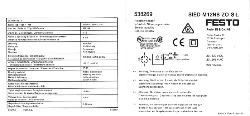 Page 1 de la notice Manuel utilisateur Festo SIED-M12NB-ZO-S-L
