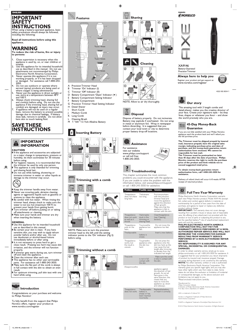 Page n°1 - Manuel utilisateur Philips Norelco XA9146