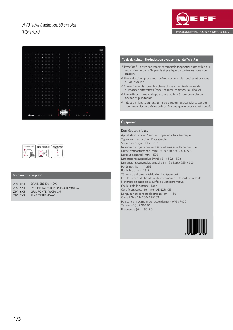 Page 1 de la notice Fiche technique Neff T56FT60X0