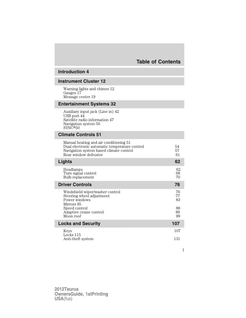 Page 1 de la notice Manuel utilisateur Ford Taurus (2012)