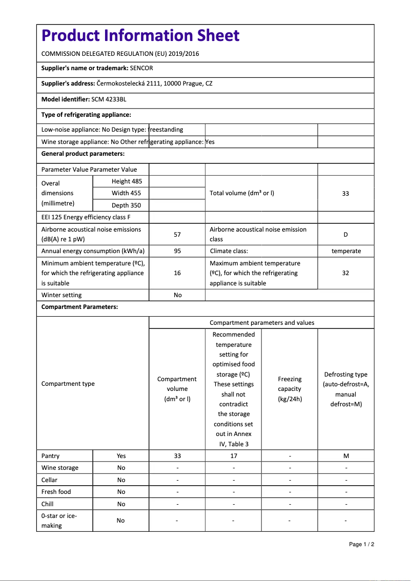 Page n°1 - Fiche technique Sencor SCM 4233BL