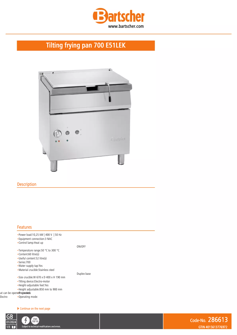Page 1 de la notice Fiche technique Bartscher 700 E51LEK