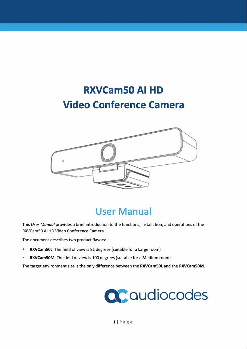 Page 1 de la notice Manuel utilisateur Audiocodes RXVCam50 AI HD