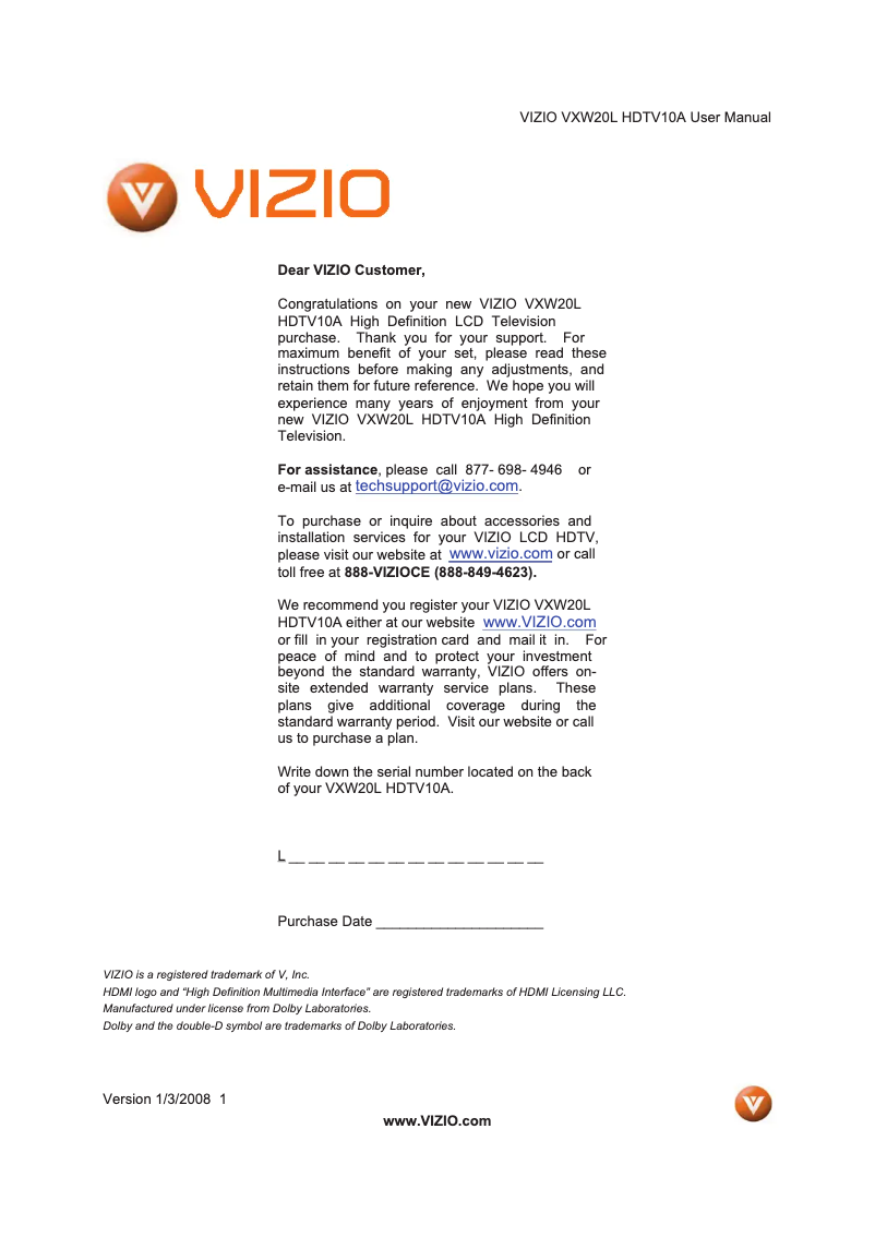 Page 1 de la notice Manuel utilisateur VIZIO VXW20LHDTV10A