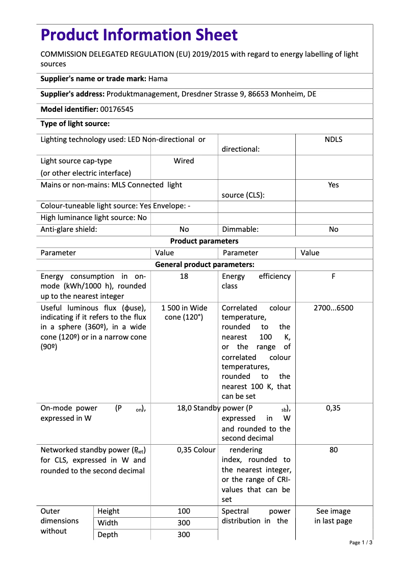 Page 1 de la notice Fiche technique Hama 00176545