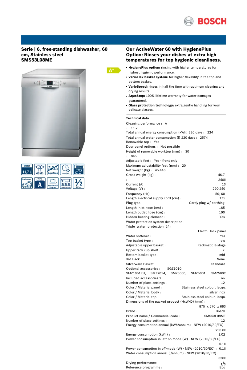 Page 1 de la notice Fiche technique Bosch SMS53L08ME