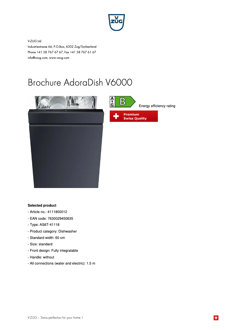 Page 1 de la notice Brochure V-Zug AdoraDish V6000