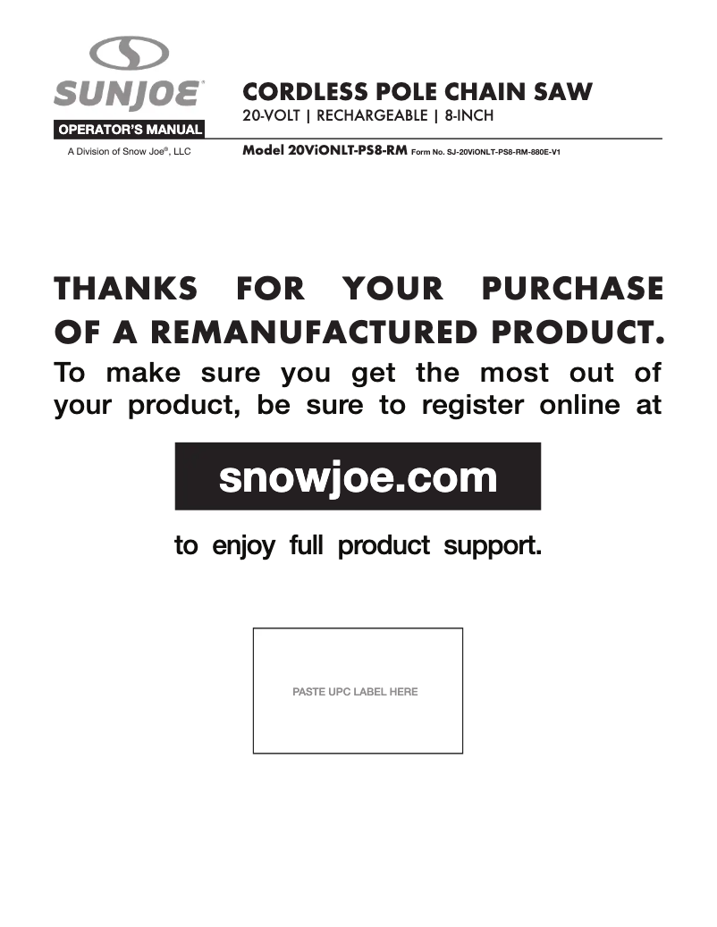 Page 1 de la notice Manuel utilisateur Sun Joe 20VIONLT-PS8-RM