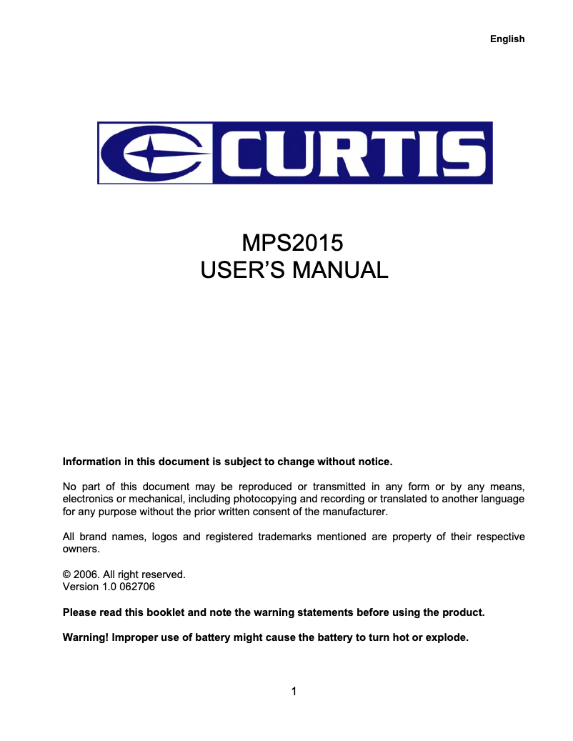 Page n°1 - Manuel utilisateur Curtis MPS2015