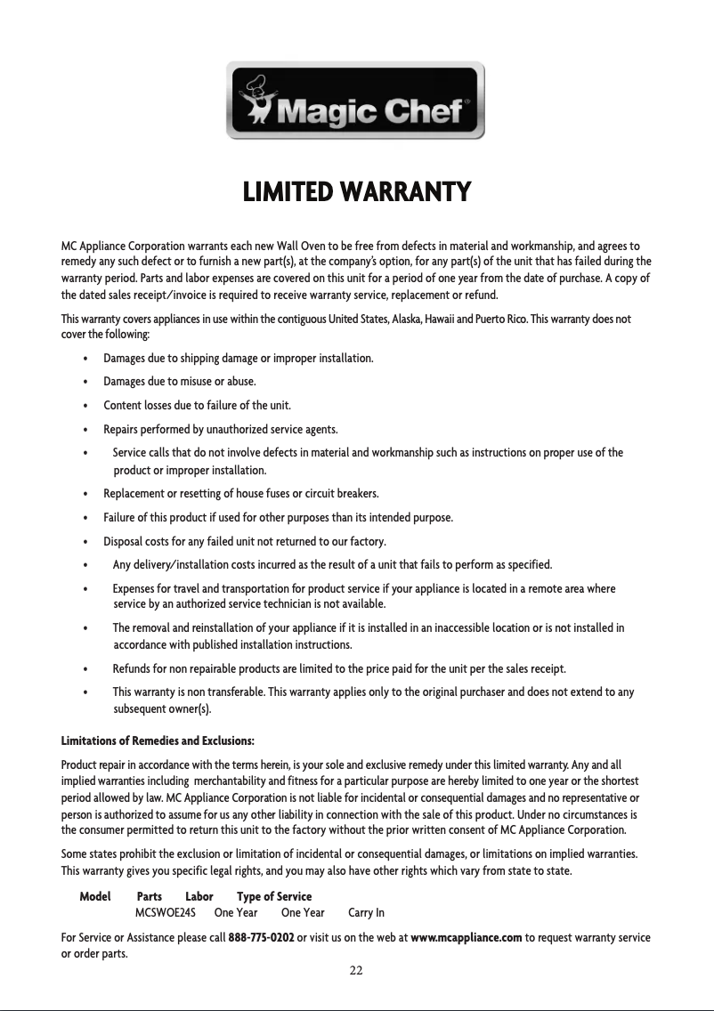 Page n°1 - Informations de garantie Magic Chef MCSWOE24S