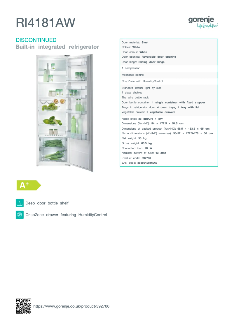 Page n°1 - Fiche technique Gorenje RI4181AW