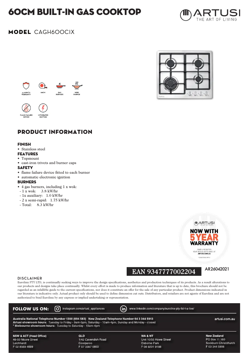 Page n°1 - Fiche technique Artusi CAGH600CIX