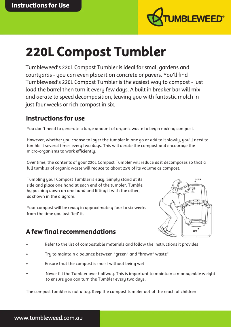 Image de la première page du manuel de l'appareil 220L Compost Tumbler
