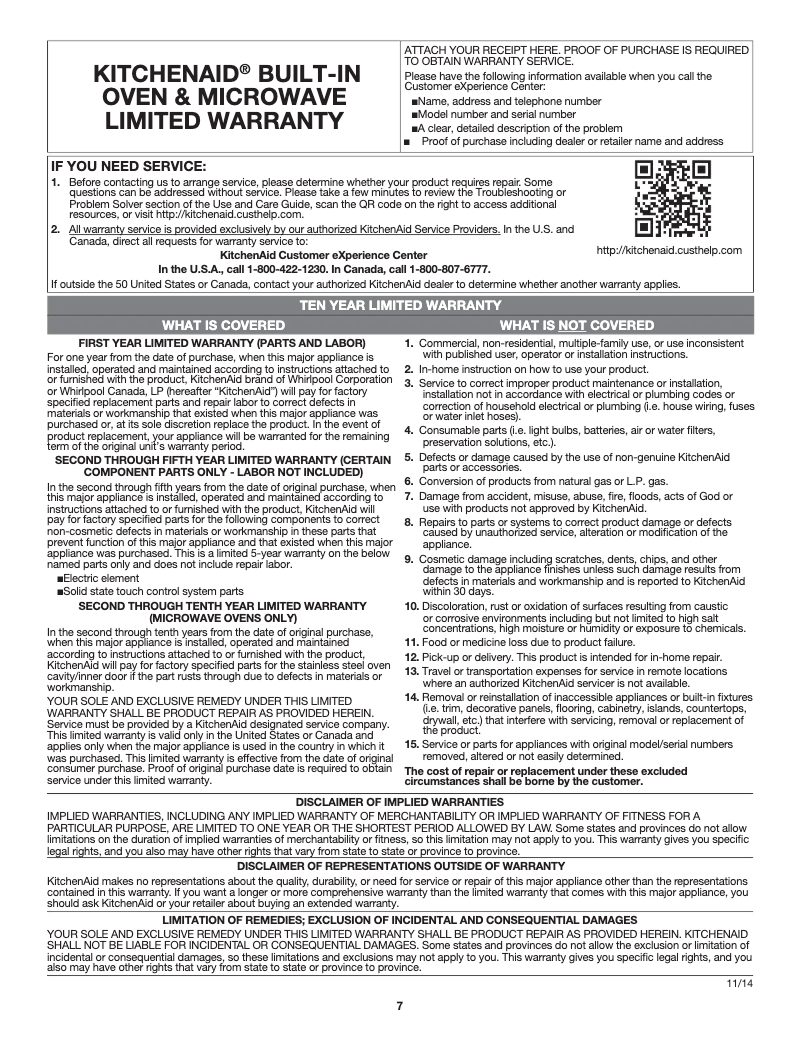 Page 1 de la notice Informations de garantie KitchenAid KMHC319EBS
