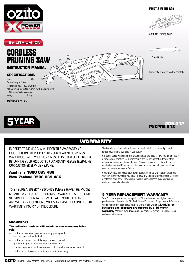 Page 1 de la notice Manuel utilisateur Ozito PXCPRS-018